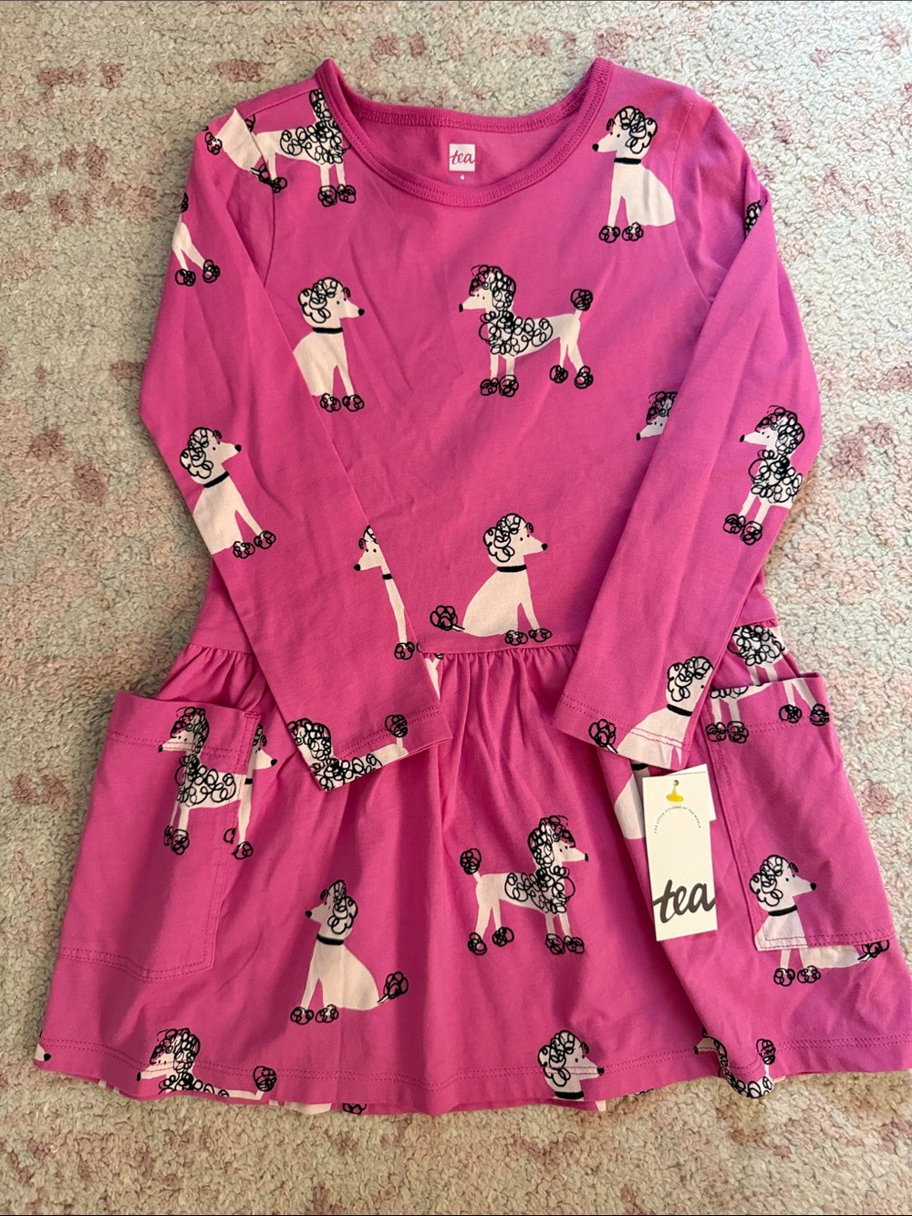 Tea Collection Pink Poodle Print Long-Sleeve Pocket Dress - Size 4 NWT